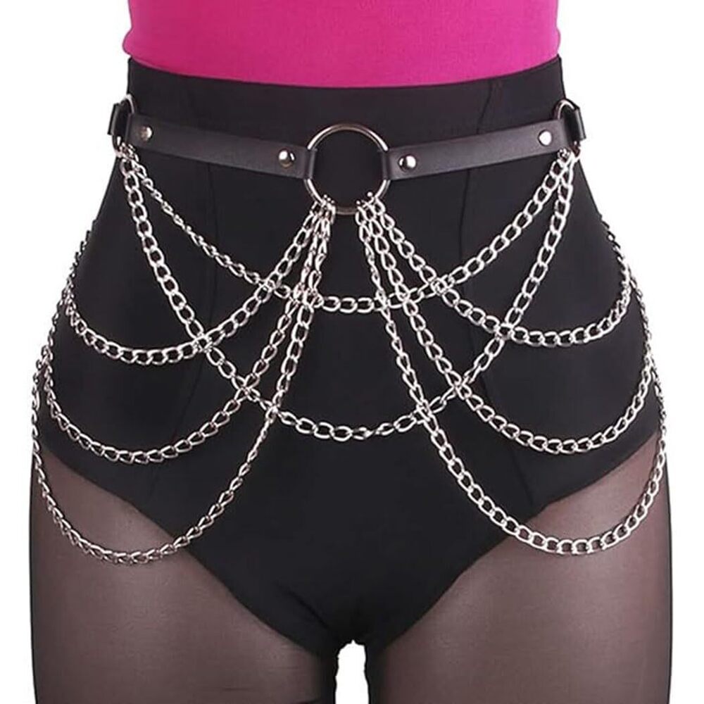 9403 Black Waist Chain Belt Leather Rave Goth Belts Fashion Body